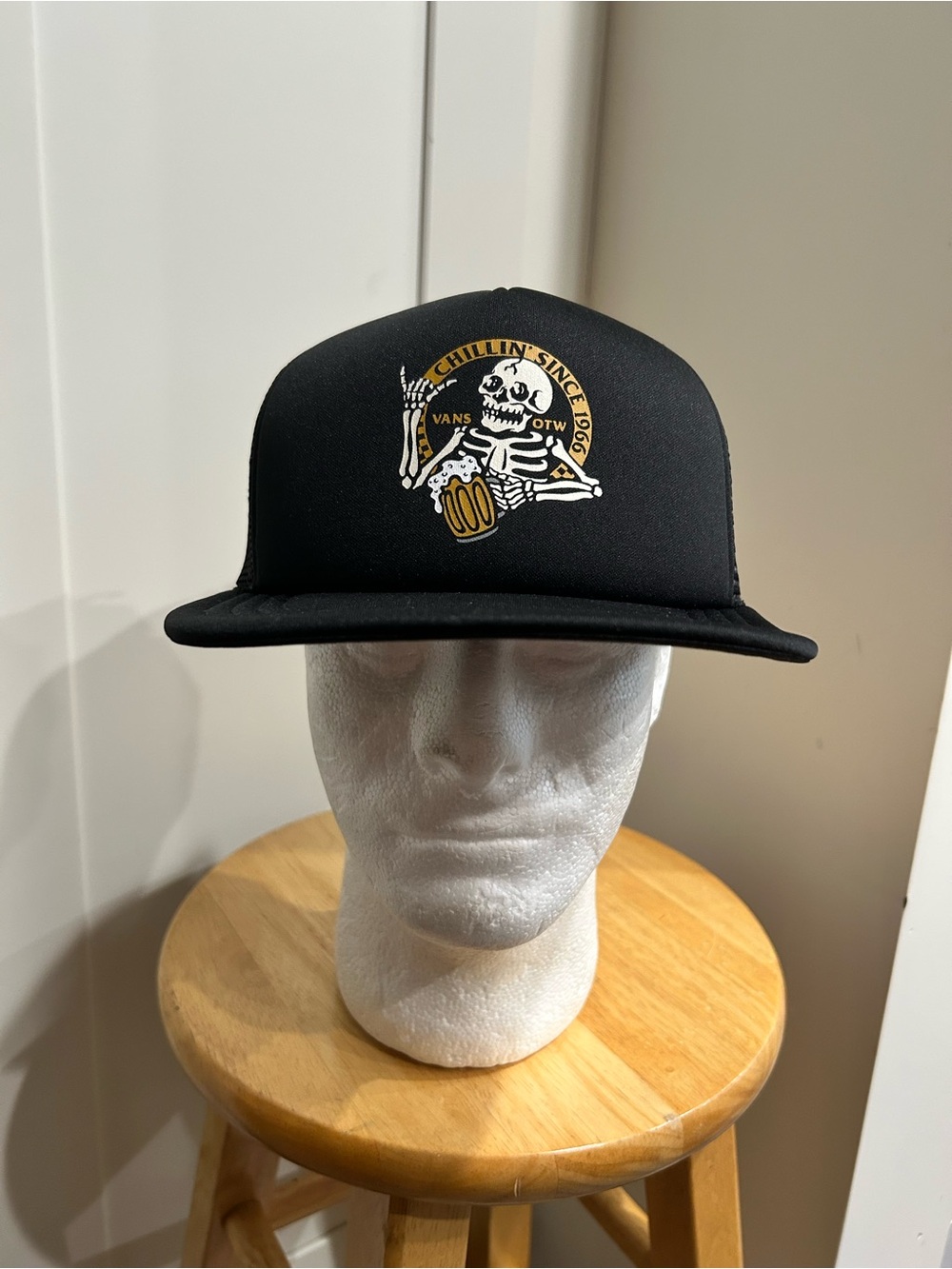 Vans Black Trucker Hat with Skeleton & Beer Graphic